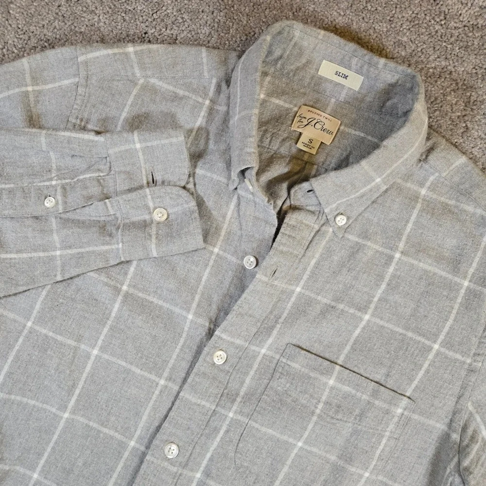 J Crew Brushed Twill Custom Fit Shirt Men's Gray & White Plaid Small Button Down